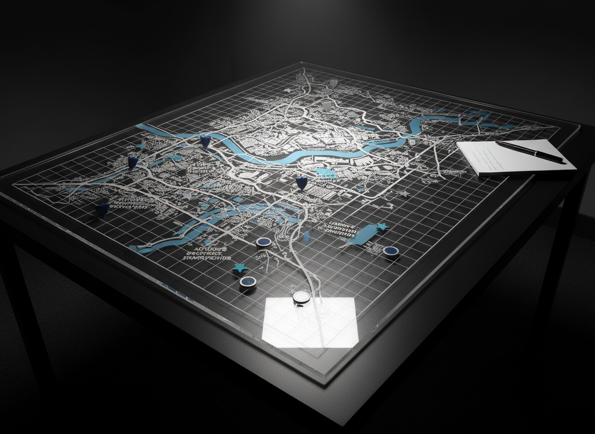 A large, clear acrylic tabletop map of a generic urban-river region inspired by the Potomac boundary, etched with fine gridlines, roads, and neutral jurisdiction outlines. Small magnetic markers shaped like shields, stars, and circles in navy, teal, and gray are carefully placed along key intersections and waterfront areas, representing advisor contact points, training centers, and community engagement hubs. The map rests on a matte black table surface, with a simple white notepad and a capped pen off to one side. A soft, focused beam of overhead light illuminates the center of the map, causing subtle reflections and rim lighting on the acrylic edges while the surrounding room remains slightly darker. Photographic realism, shot from a high, three-quarter angle, creates a strategic, analytical mood that underscores cross-jurisdiction coordination and planning.