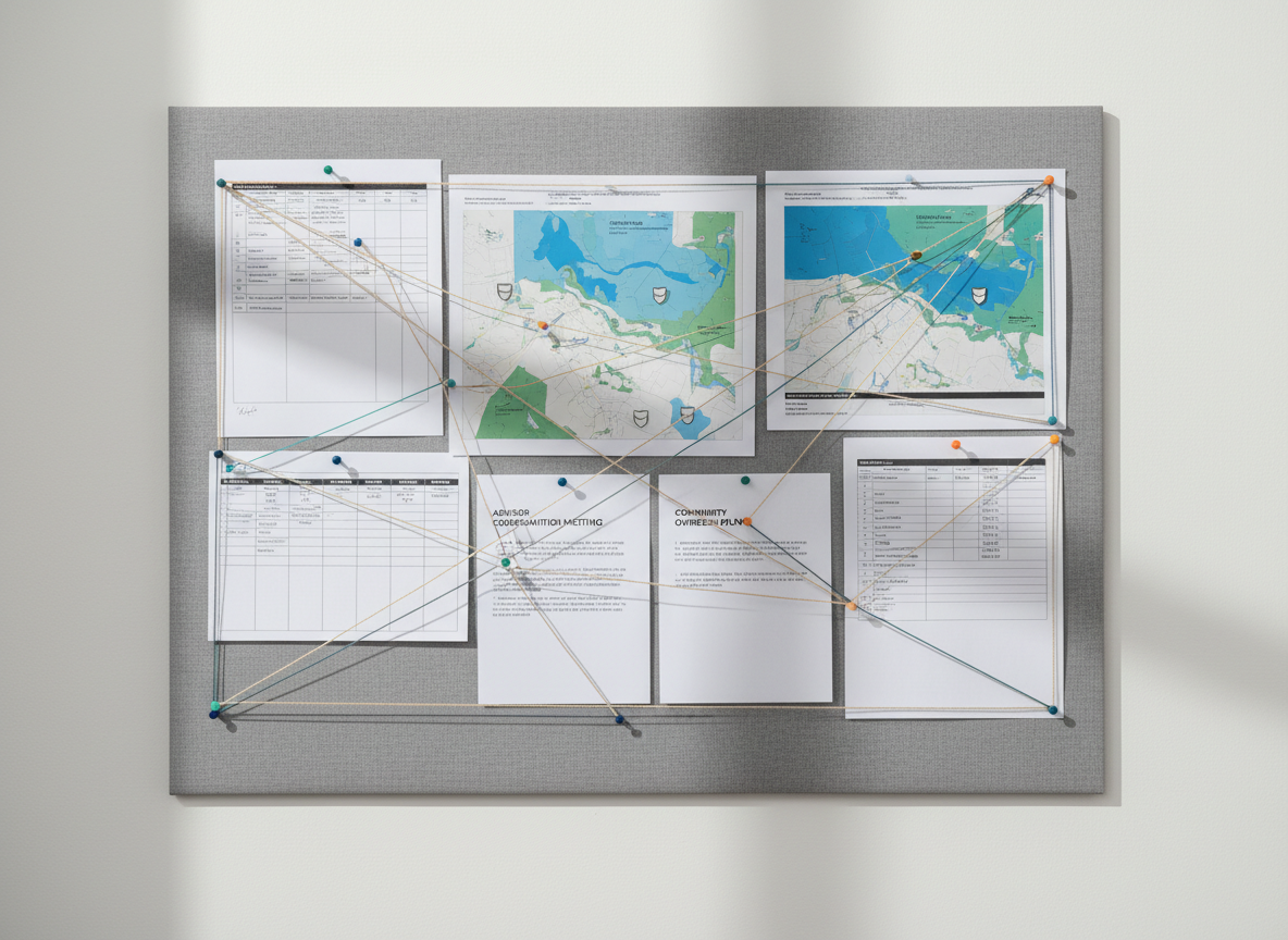 A minimalist bulletin board covered in neutral gray fabric mounted on a clean white wall, filled with carefully pinned planning documents for regional public safety youth programs. There are printed schedules, color-coded maps of a river boundary area, generic shield icons marking collaboration zones, and neatly typed memos titled “Advisor Coordination Meeting” and “Community Outreach Plan.” Colored pushpins in navy, teal, and soft orange connect threads of cotton between key points, visually representing communication links. Subtle handwritten margin notes and check marks suggest active planning without revealing personal data. Soft afternoon daylight from a nearby window casts gentle, angled shadows that add depth without clutter. Photographic realism, framed straight on with sharp focus, creates an organized, thoughtful, and mission-driven atmosphere, perfect for illustrating behind-the-scenes coordination work of an advisory association.