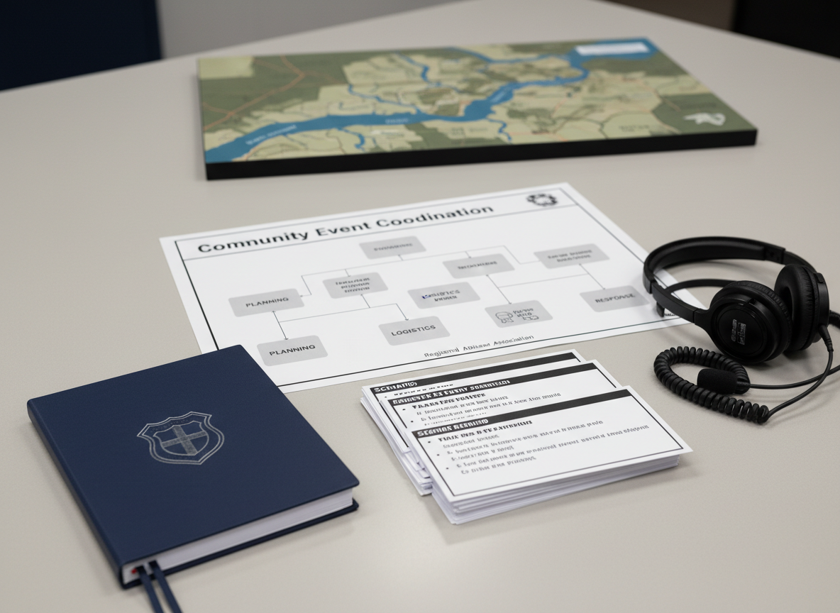 A set of neatly arranged training materials for public safety youth programs on a light gray tabletop: a navy-blue spiral notebook embossed with a simple silver shield emblem, a stack of printed scenario cards with bullet-point prompts, and a laminated flowchart poster titled “Community Event Coordination” using neutral, non-branded icons. A pair of over-the-ear communication headsets rests nearby, cables coiled tidily, suggesting organized operations. In the background, slightly blurred, sits a small tabletop model of the Potomac river and surrounding jurisdictions, with subtle elevation contours and muted colors. Soft, even studio lighting from above highlights textures of paper, plastic, and metal without harsh shadows. Photographic realism, captured from a gently elevated angle with moderate depth of field, conveys preparedness, structure, and the professionalism of a regional advisor association.
