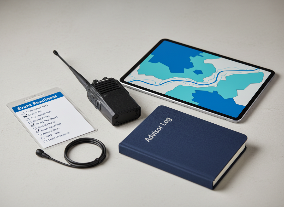 A close-up of a neatly arranged communication toolkit on a smooth, light stone tabletop: a compact two-way radio with a black matte finish and small antenna, a tablet displaying a simplified map of a river boundary area with blue and teal zones, and a sturdy navy notebook labeled “Advisor Log” in clean, silver lettering. Beside them lies a laminated checklist card titled “Event Readiness” with checkboxes partially marked, and a coiled earpiece cable resting in a tidy loop. Soft, diffused studio lighting from the left creates gentle highlights along the tablet’s edges and the radio’s textured grip, with subtle shadows adding depth. Photographic realism, shot from a slightly overhead angle with a shallow depth of field that keeps the primary tools crisp but softens the background, conveys readiness, professionalism, and quiet confidence in coordinated public safety advising.