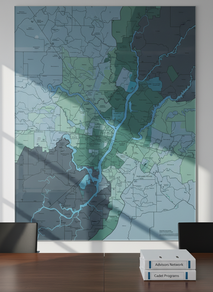 A detailed, large wall-mounted map of the Potomac boundary region rendered in muted blues, greens, and grays, with precincts, jurisdictions, and waterways clearly outlined in thin, precise lines. Color-coded transparent overlays indicate different police and public safety districts, intersecting neatly at the river. The map is displayed in a modern conference room with a smooth, dark wood table edge visible at the bottom of the frame and a few neatly stacked binders labeled “Advisors Network” and “Cadet Programs.” Soft, cool daylight from an unseen window to the left washes over the map, creating gentle reflections on a glass cover. Photographic realism, shot straight on at eye level with sharp focus throughout, conveying a professional, organized, and collaborative atmosphere suitable for a nonprofit advisory association homepage hero image.